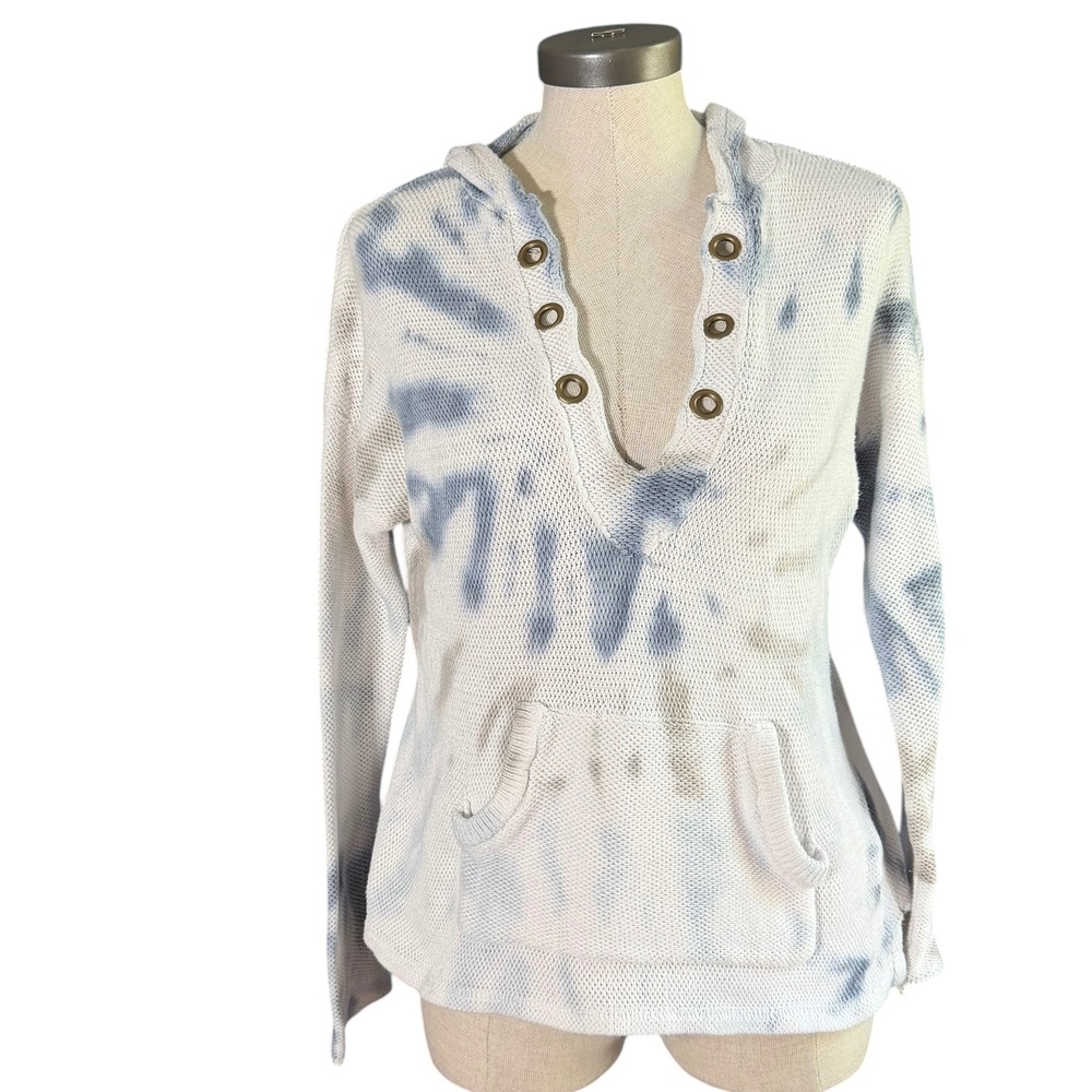 Vintage Havana Tie Dye Grommet V-Neck Knit Hoodie Sweater Blue Tan Small CC9477